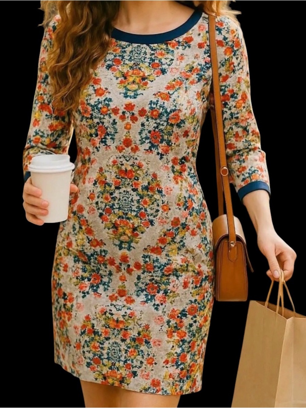 JCrew Gray Misty Fog Floral Scoop Neck Shift Dress - Navy Trim 3/4 sleeves